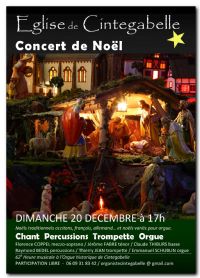 Concert de Noël Trompette & Orgue Percussions Chant. Le dimanche 20 décembre 2015 à Cintegabelle. Haute-Garonne.  17H00